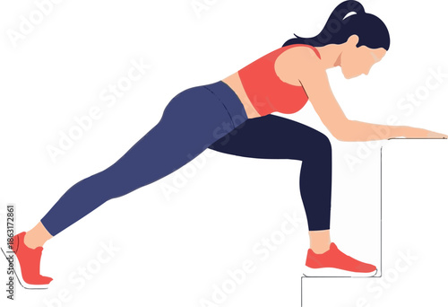 Stylized woman in workout clothes performing a step exercise with her hands on an elevated surface