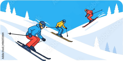 Three skiers race down a snowy mountain slope amidst snow-covered trees under a clear blue sky