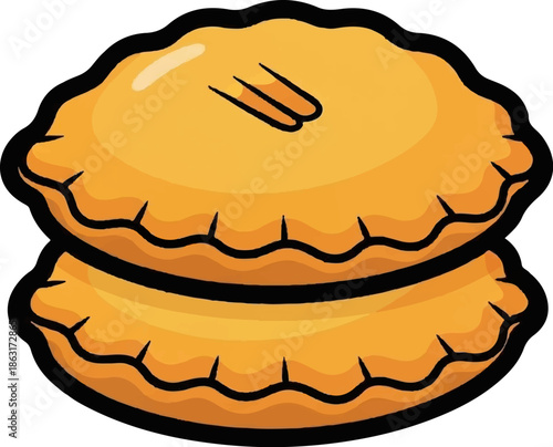 Two cartoon-style, golden-brown stacked pastries with crimped edges and a vent on the top one