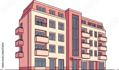 Stylized illustration of a modern apartment building with balconies and large windows