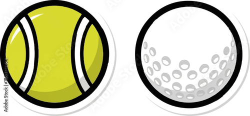 Two cartoon-style sports balls, a vibrant yellow tennis ball and a textured white golf ball, depicted side-by-side