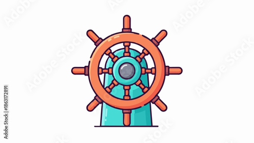 Stylized illustration of a nautical ship's wheel with orange spokes and a turquoise base