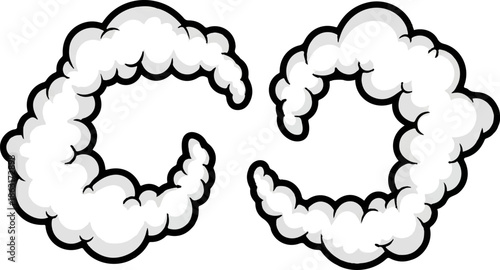 Two cartoon-style, stylized white and gray smoke or cloud swirls with a thick black outline
