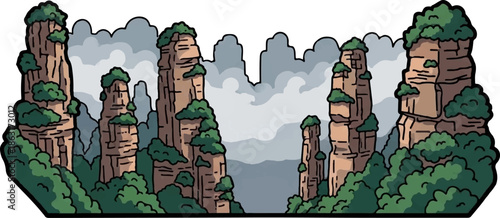 Stylized, mist-shrouded rock formations draped with lush green foliage, an otherworldly landscape