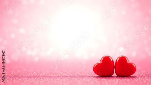 Two Red Hearts on a Glittery Pink Bokeh Happy valentine's day Background