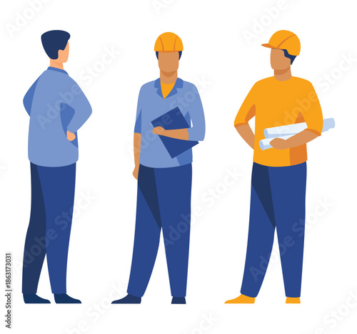 Three construction workers in hard hats and work clothes