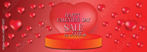 Happy Valentine day sale poster for your design, can be used in business promotion, advertisement, for 14th February sale's love day banner with heart shaped balloon's, podium, valentine special sale 