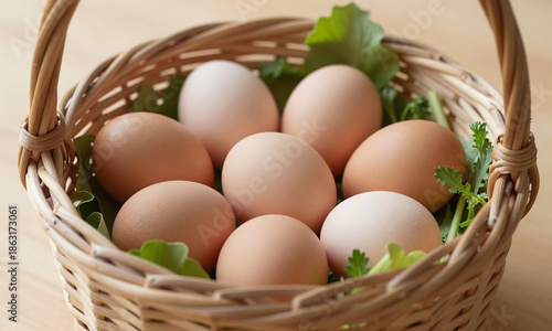 Wallpaper Mural dozen duck eggs nestled among fresh greens herbs within vintage wicker basket warm soft natural light subtle shadows Torontodigital.ca