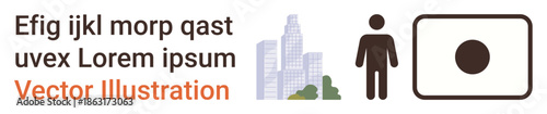 Urban planning, urbanization, business growth, design layouts, commercial spaces, conceptual visuals. City skyline, human figure and square element with dot. Urban planning and urbanization