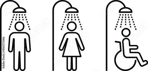 Accessible shower icons for male female and wheelchair users, bathroom hygiene symbols, disability friendly restroom signage, inclusive sanitation concept illustration