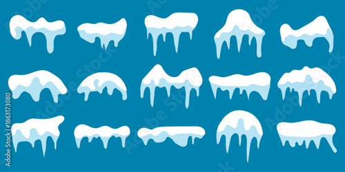 Cartoon Snow Caps and Icicles Icon Set for Winter Design, Frozen Decorations, Holiday Themes, Weather Graphics, and Icy Game Illustrations.