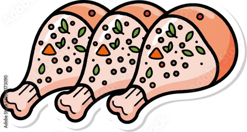 Three stylized cartoon chicken drumsticks with herbs and spices, featuring a thick black outline