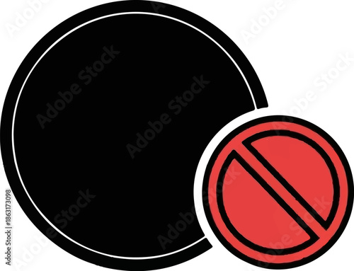 Two circles, one large black, one small red with a diagonal line through it