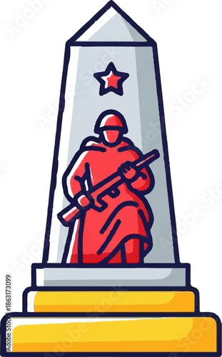 Stylized monument honoring a soldier with a rifle and a star emblem
