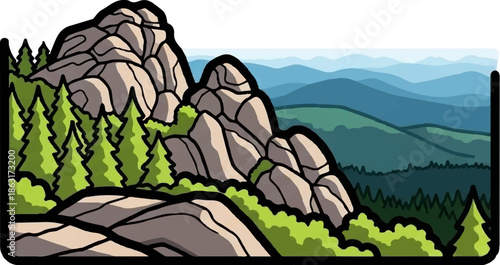 Stylized mountain peaks covered in trees, with layered blue hills receding