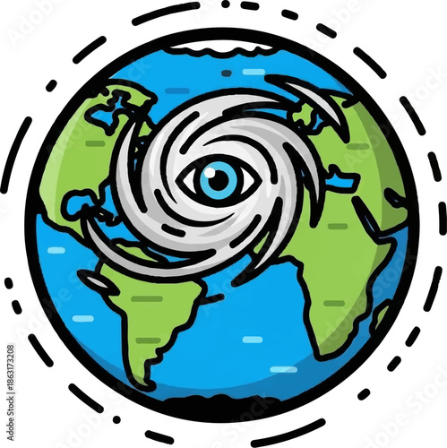 Stylized Earth with a hurricane eye symbol