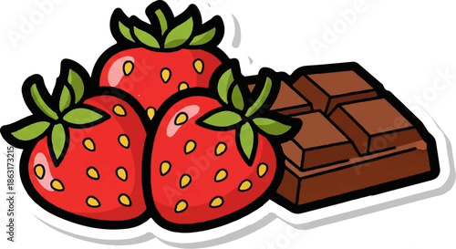 Three vibrant red strawberries with green leaves positioned next to a rectangular bar of dark brown chocolate