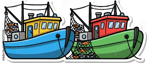 Two colorful fishing boats with nets full of fish on a white background