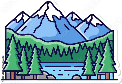 Stylized mountain peaks overlook a serene lake, framed by lush evergreen trees