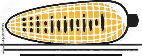 Stylized ear of corn with yellow kernels and dark accents on a black and white striped surface