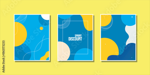 Modern abstract blue and yellow poster template set with fluid liquid shapes for sale and discount flyers
