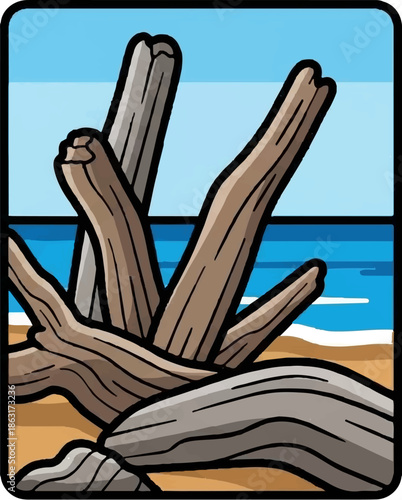 Stylized driftwood pieces rest on a sandy shore with blue ocean waves behind