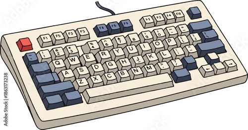 Stylized illustration of a retro computer keyboard with a red key and blue keys