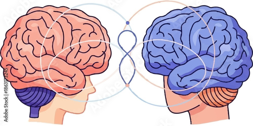 Two colorful human brains face each other, connected by abstract looping lines on a white background