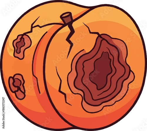 Stylized illustration of a rotting orange-pink fruit with dark brown decay spots and cracks on its surface