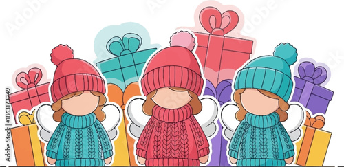 Three whimsical figures with angelic wings wear cozy knitted hats and sweaters, surrounded by colorful gift boxes