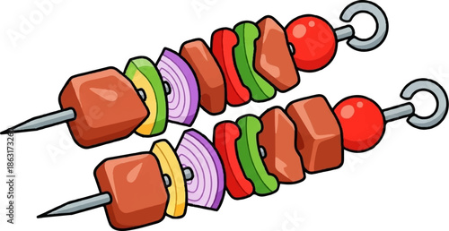 Two colorful skewers with meat, onion, peppers, and tomatoes, ready for cooking