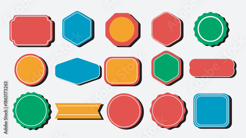Colorful blank sticker and label collection featuring flat vector shapes with drop shadows