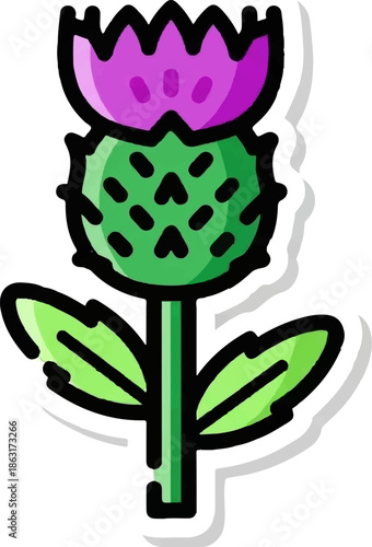 Stylized purple thistle bloom with green spiky bud and leaves on a stem