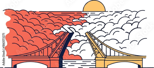 Stylized drawing of two bridges, one red, one yellow, meeting over water under a sun
