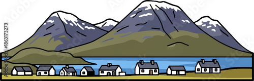 Stylized drawing of snow-capped mountains overlooking a serene lake dotted with quaint village homes