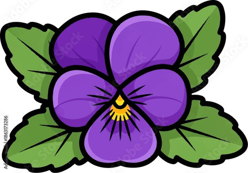 Stylized purple pansy flower with green leaves