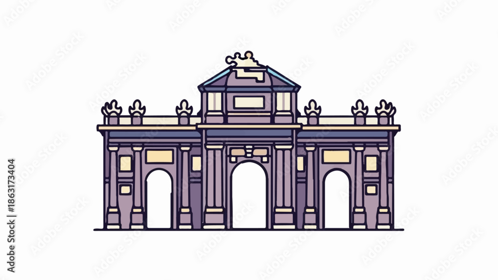 Fototapeta premium Stylized drawing of a grand, multi-arched stone gateway with ornate details and a central peaked roof