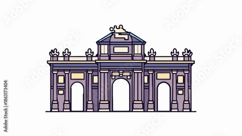 Stylized drawing of a grand, multi-arched stone gateway with ornate details and a central peaked roof