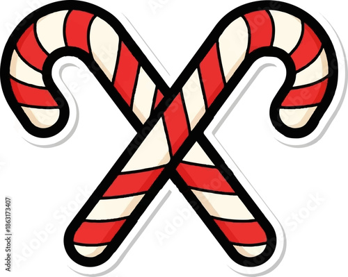 Two crossed candy canes, red and white striped, with black outlines on a white background