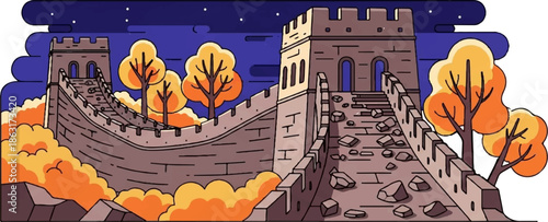 Stylized illustration of a section of the Great Wall at night with autumn trees