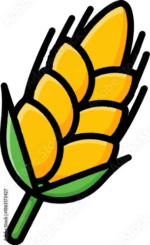Stylized illustration of a single ear of corn with yellow kernels, green husks, and a brown stalk