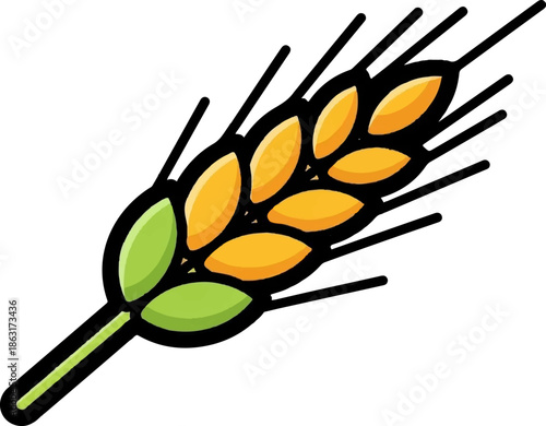 Stylized illustration of a single stalk of grain with golden kernels and green leaves