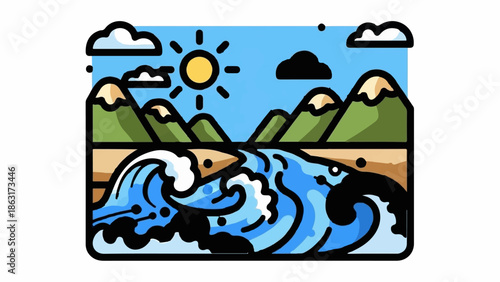 Sunny day at the beach with mountains and ocean waves