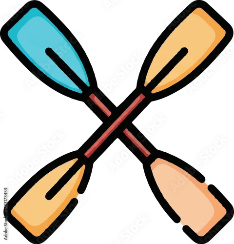 Two crossed paddles, one blue and one orange, on a white background