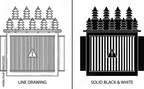 Electrical transformer icon comparison, line drawing versus solid black and white vector illustration for power distribution, energy infrastructure, industrial safety design,