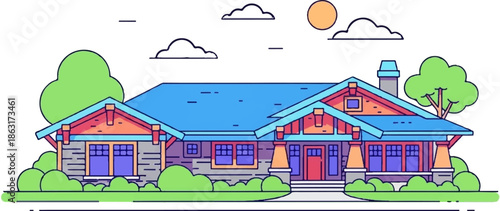 Stylized illustration of a single-story house with a blue roof, orange trim, and green trees