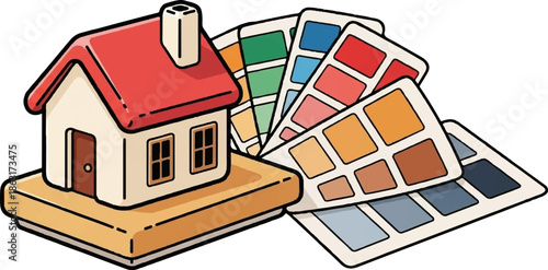 Stylized illustration of a small house with a red roof next to swatches of colorful paint samples