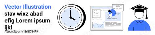 Time management, education, productivity, analytics, data visualization, academic success. Clock, data charts graduate cap figure. Time management and education through clean graphics