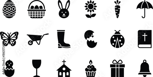Large set of Easter and spring holiday silhouette icons featuring eggs, bunnies, flowers, gardening tools, and religious symbols.