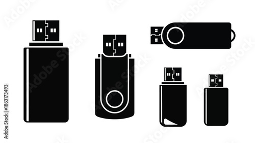 Black and white illustration of various usb drive designs silhouette